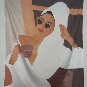 Wall tapestry, woman in bathrobe/towel drinking coffee